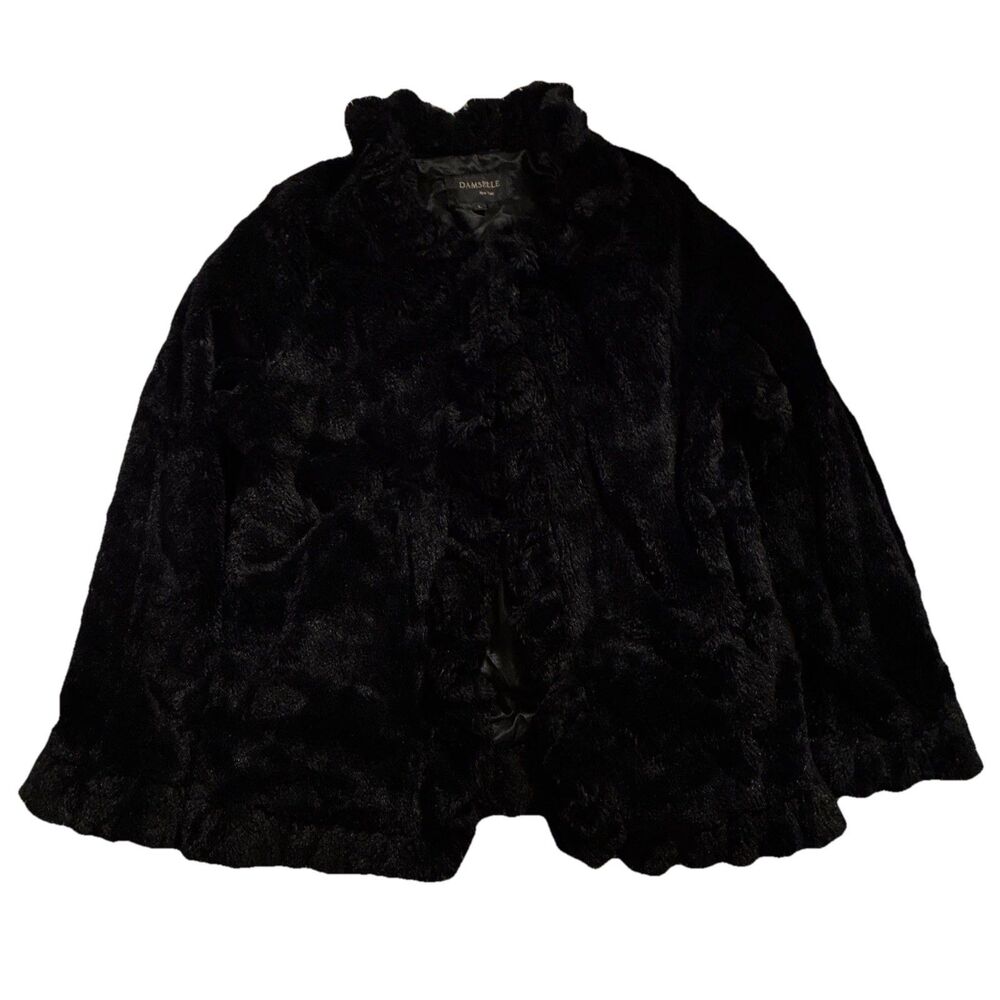 Damselle New York Women’s Black Soft Faux Fur Jacket Large Ruffle Front